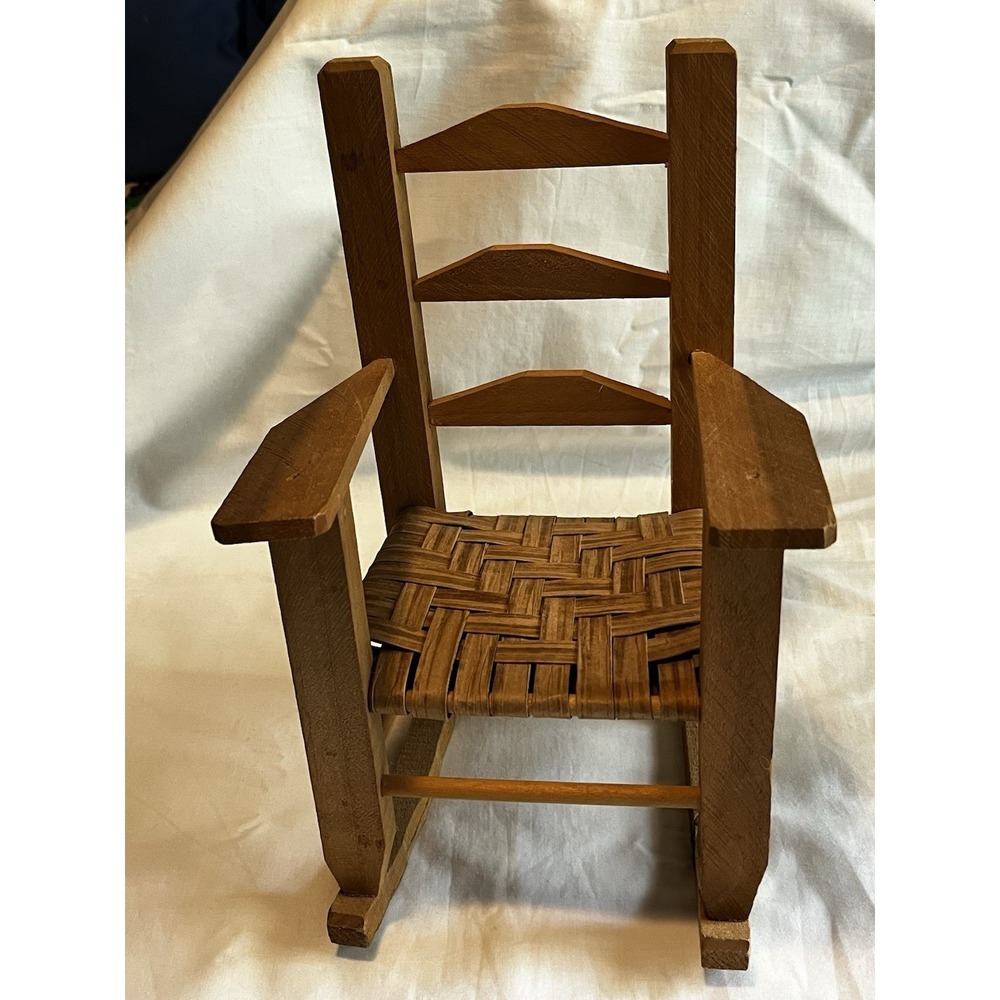 VTG Farmhouse Style Wooden Doll Rocking Chair Woven Seat- 12.5 In Tall,10in Deep